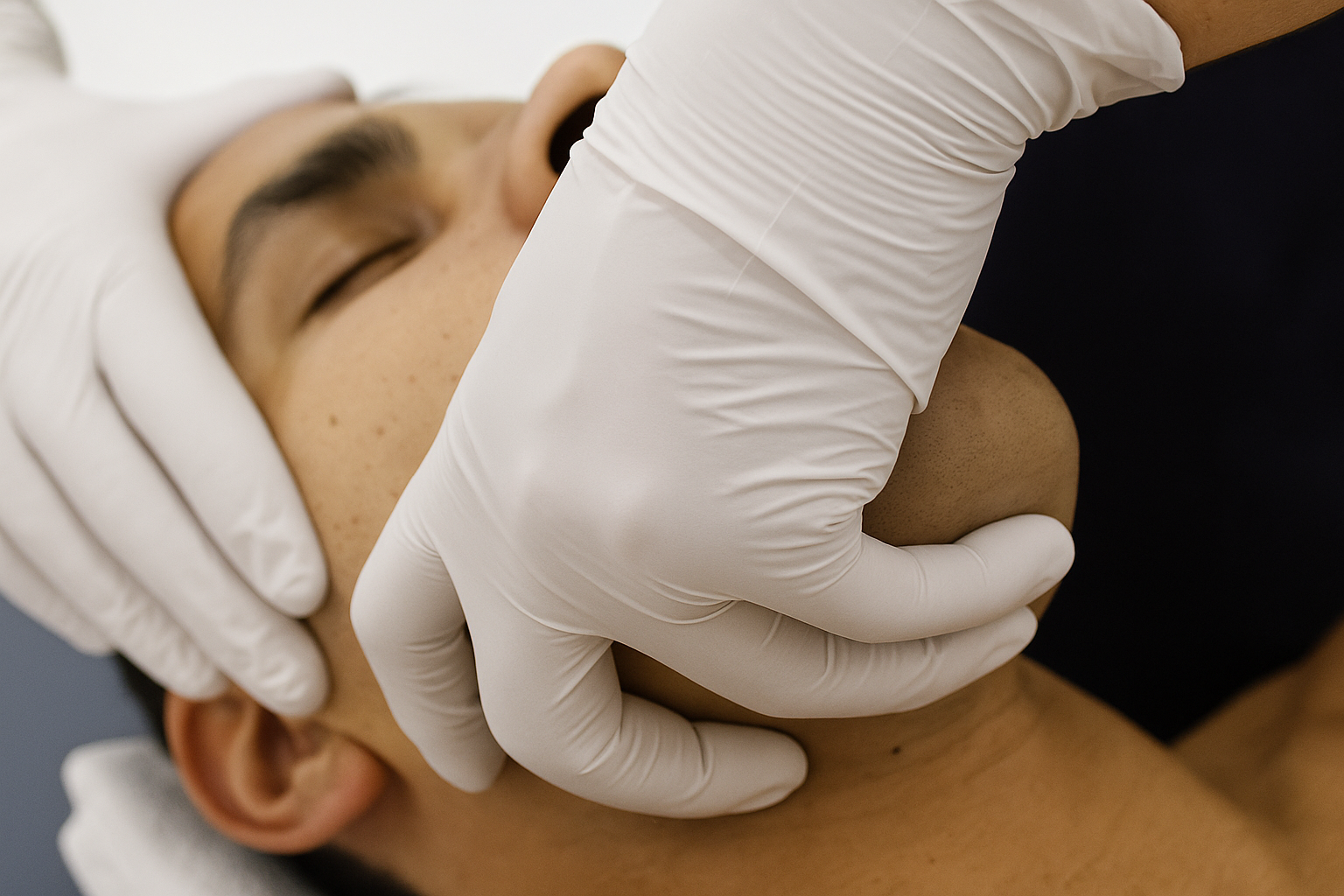 Fisioterapeuta realizando tratamiento manual maxilofacial sobre la mandíbula de un paciente con guantes blancos